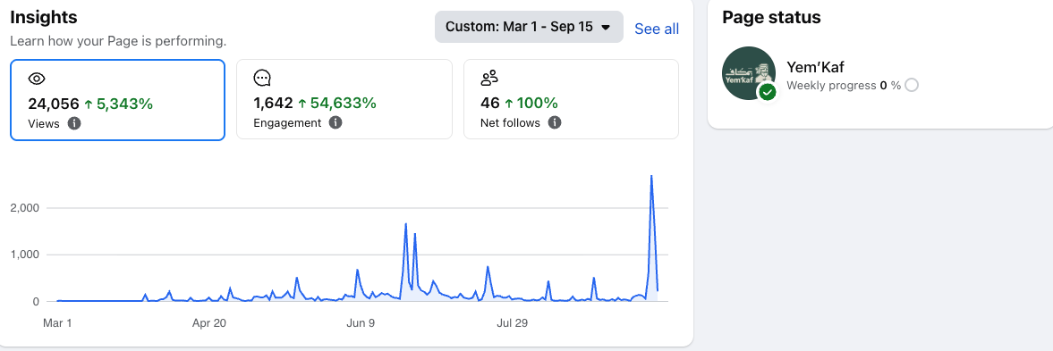 Yem'KAF Facebook page insights showing growth in views and engagement