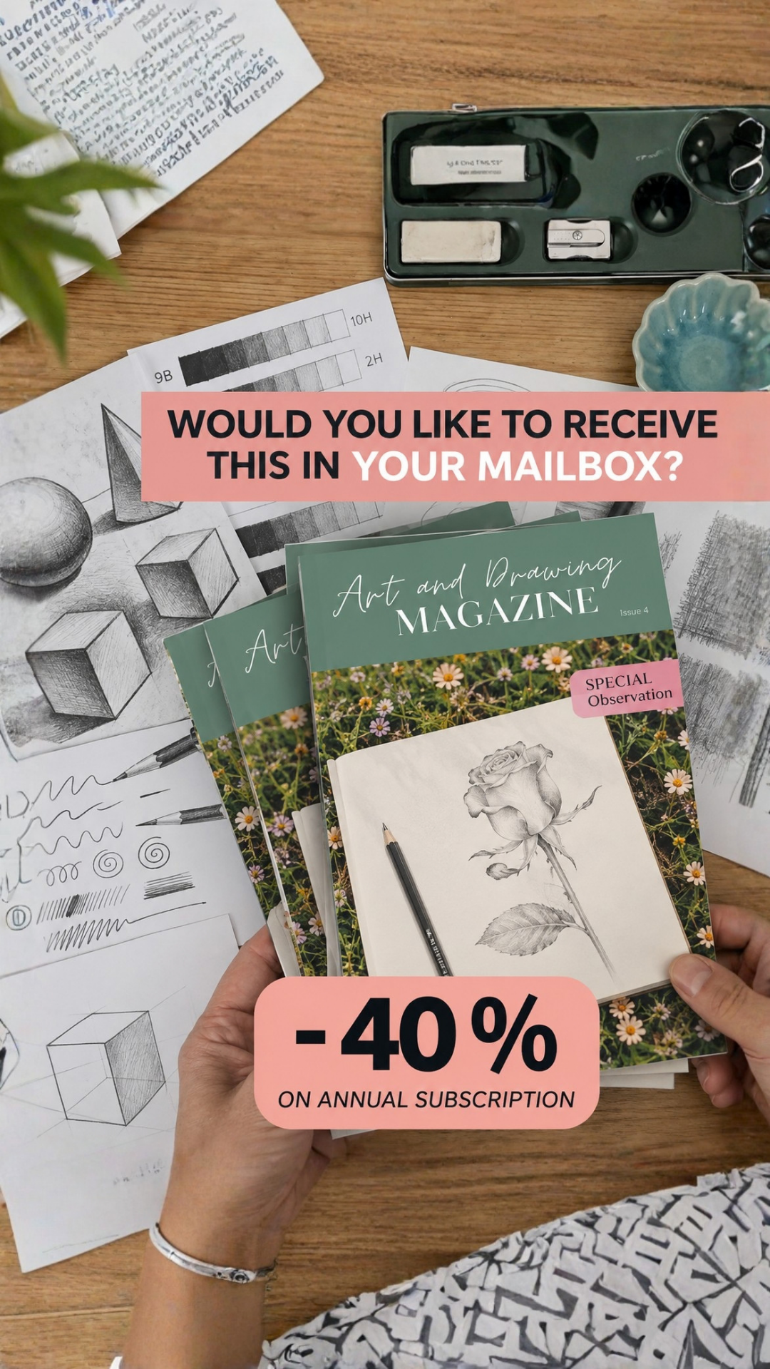 Évasion Dessin Meta ad creative — table setting, magazine offer