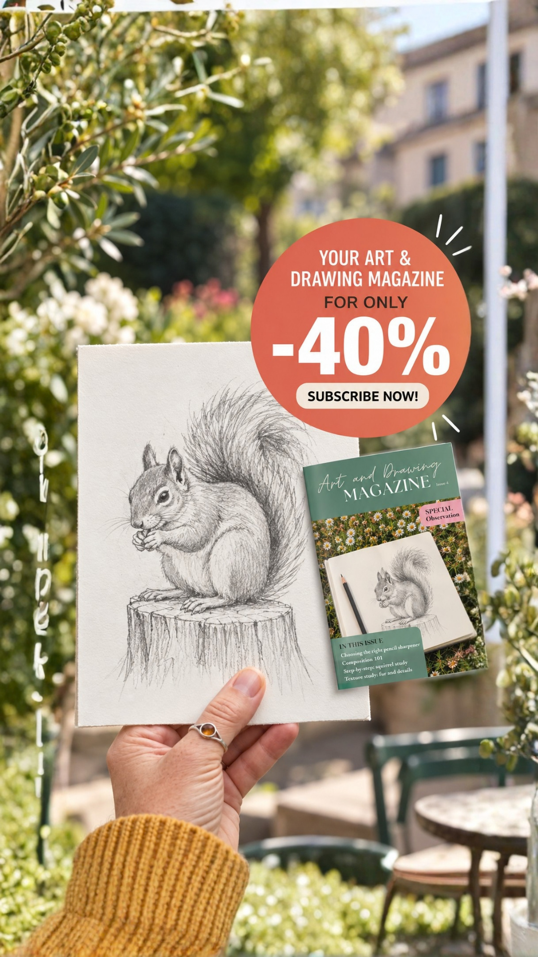 Évasion Dessin Meta ad creative — squirrel illustration, magazine offer